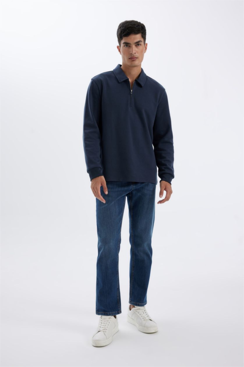 Erkek Açık Lacivert Regular Fit Polo Yaka Yarım Fermuarlı Basic Düz Sweatshirt