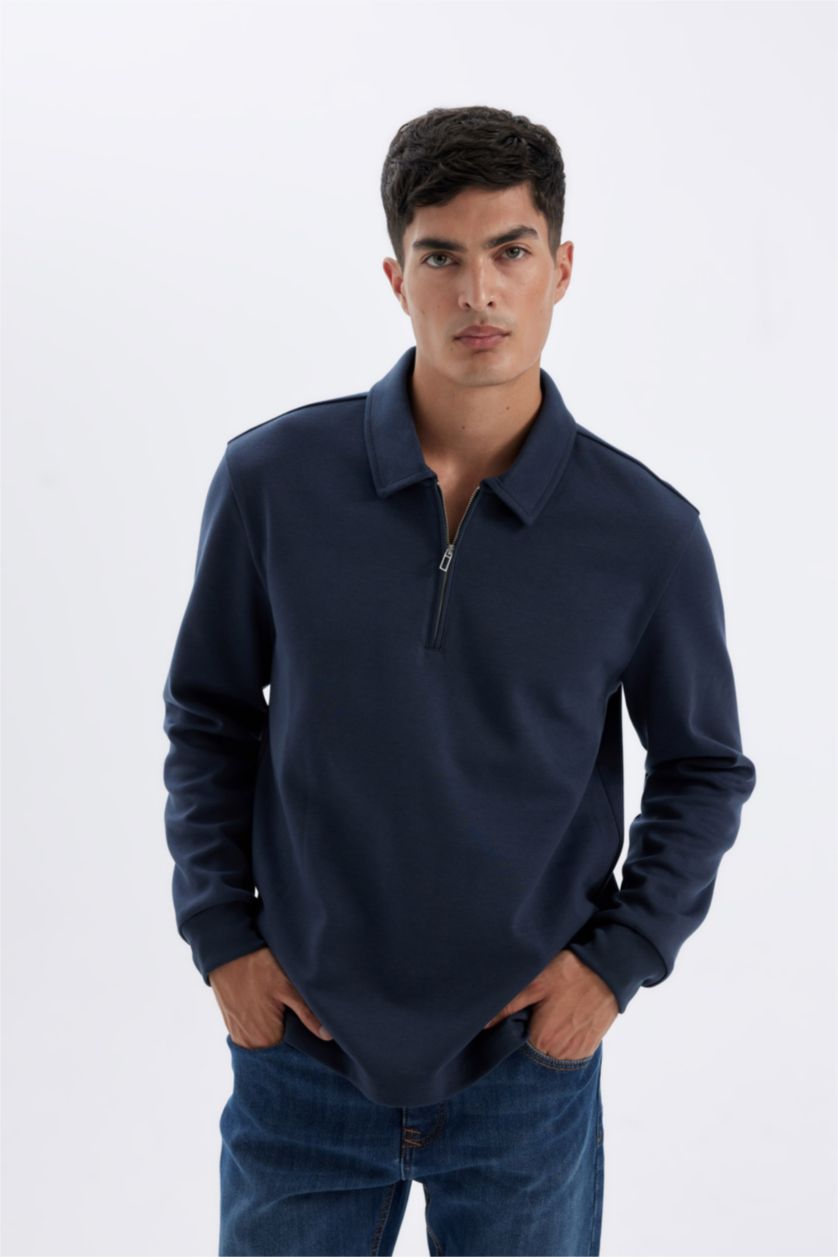 Erkek Açık Lacivert Regular Fit Polo Yaka Yarım Fermuarlı Basic Düz Sweatshirt