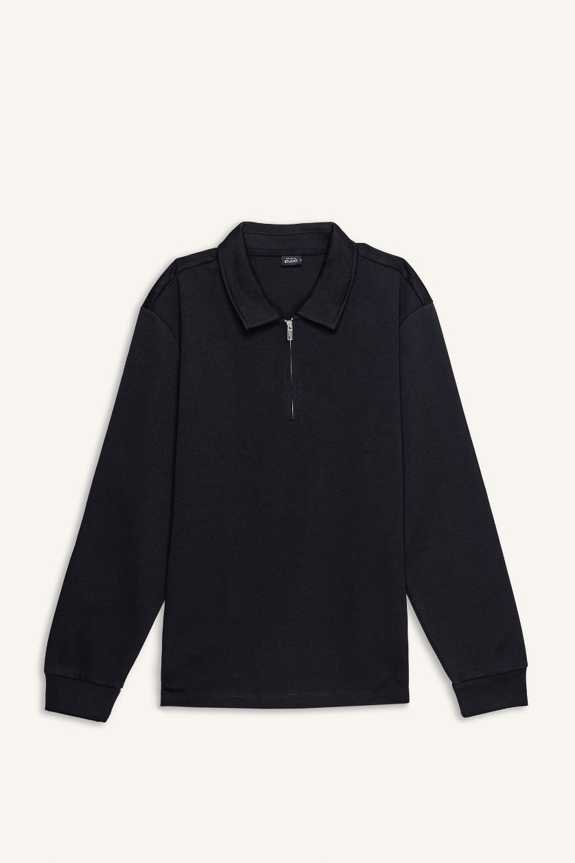 رجالي أسود سويت شيرت قصة عادية بياقة بولو بسوسته