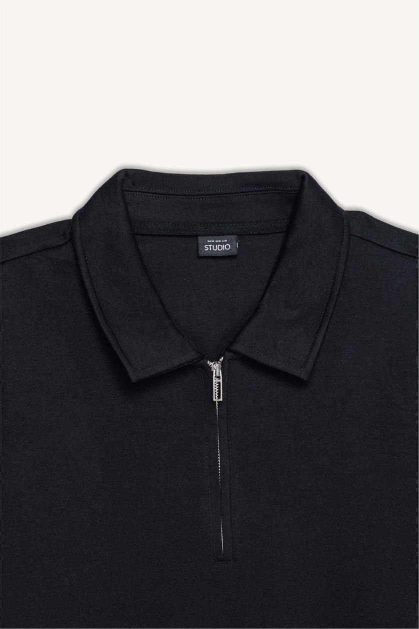 رجالي أسود سويت شيرت قصة عادية بياقة بولو بسوسته