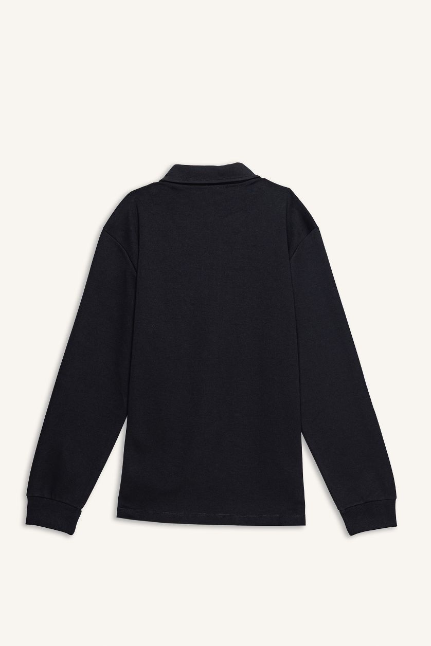 رجالي أسود سويت شيرت قصة عادية بياقة بولو بسوسته