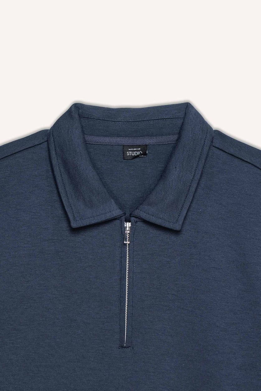 رجالي كحلي فاتح سويت شيرت قصة عادية بياقة بولو بسوسته