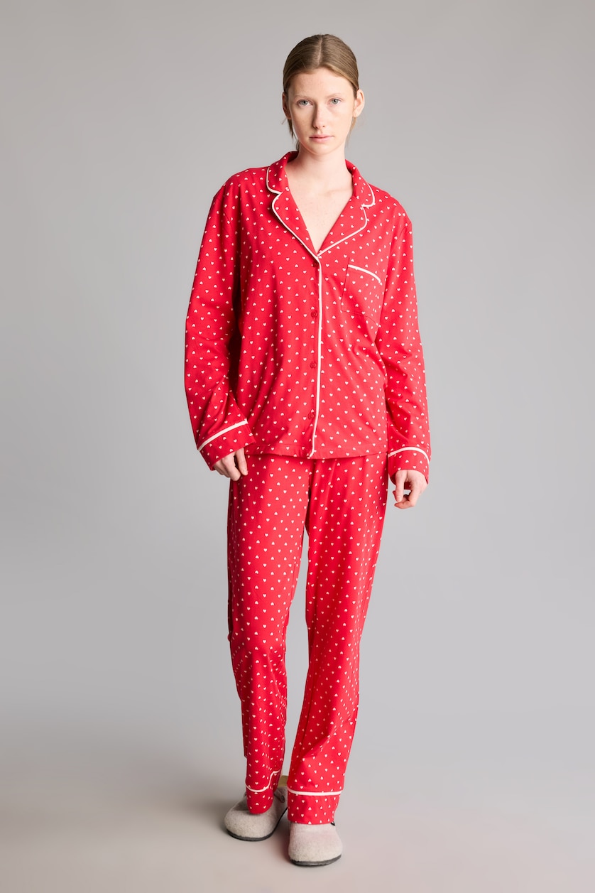 Kadın Kırmızı Puantiyeli Uzun Kollu Üst Uzun Alt Pijama Takımı