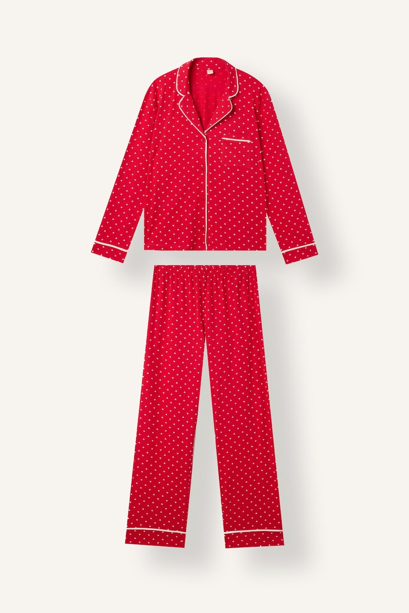 Kadın Kırmızı Puantiyeli Uzun Kollu Üst Uzun Alt Pijama Takımı