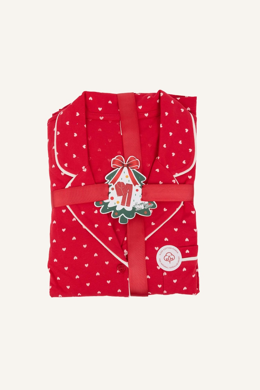Kadın Kırmızı Puantiyeli Uzun Kollu Üst Uzun Alt Pijama Takımı