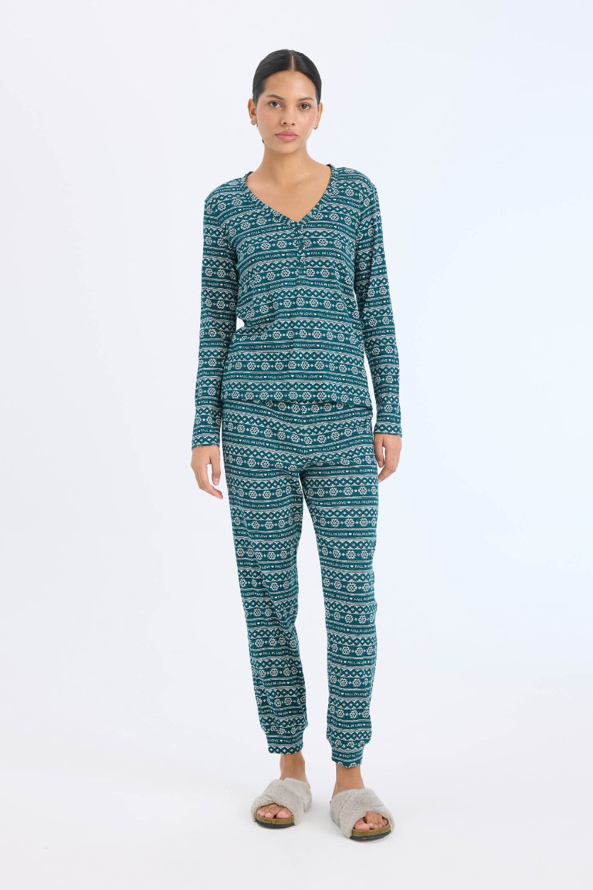 Kadın Koyu Yeşil Pijama Takımı Waffle Kumaş Uzun Kollu Üst Beli Lastikli Uzun Alt-Fall in Love 