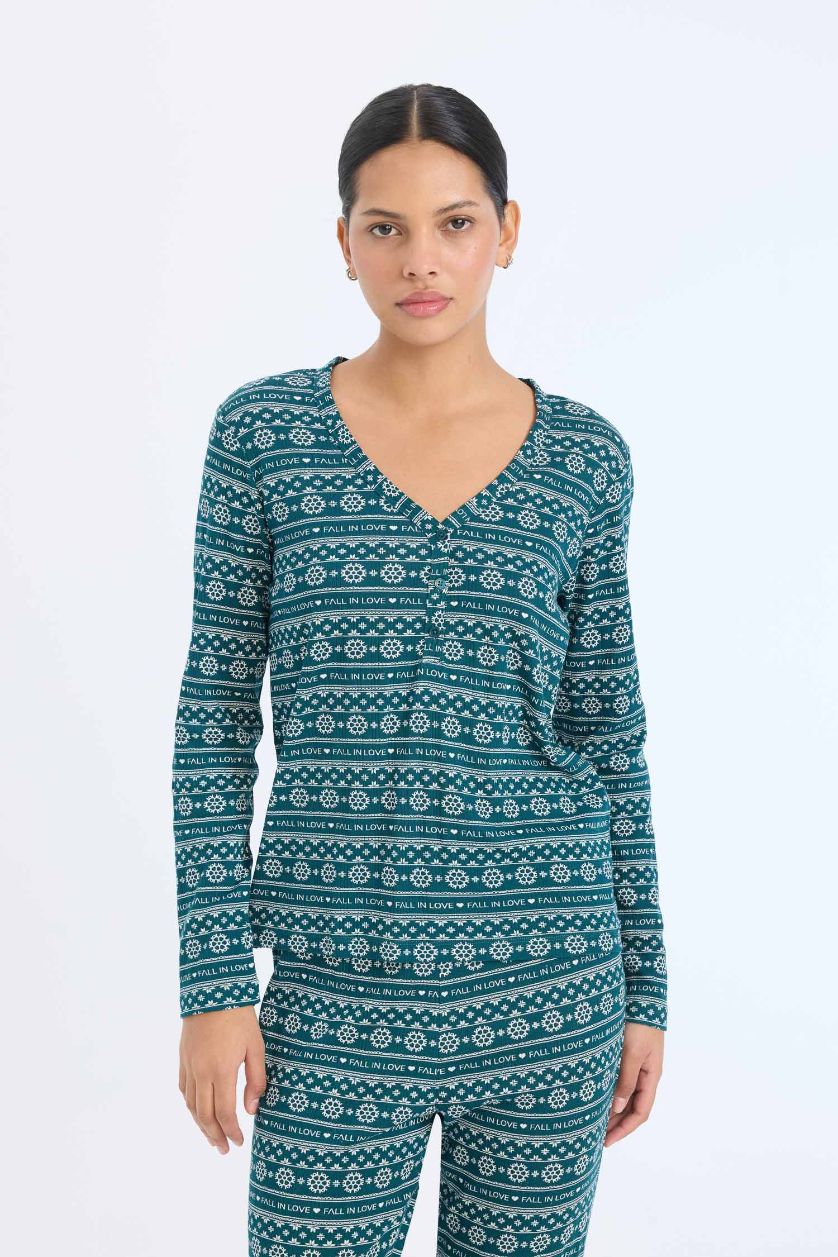 Kadın Koyu Yeşil Pijama Takımı Waffle Kumaş Uzun Kollu Üst Beli Lastikli Uzun Alt-Fall in Love 