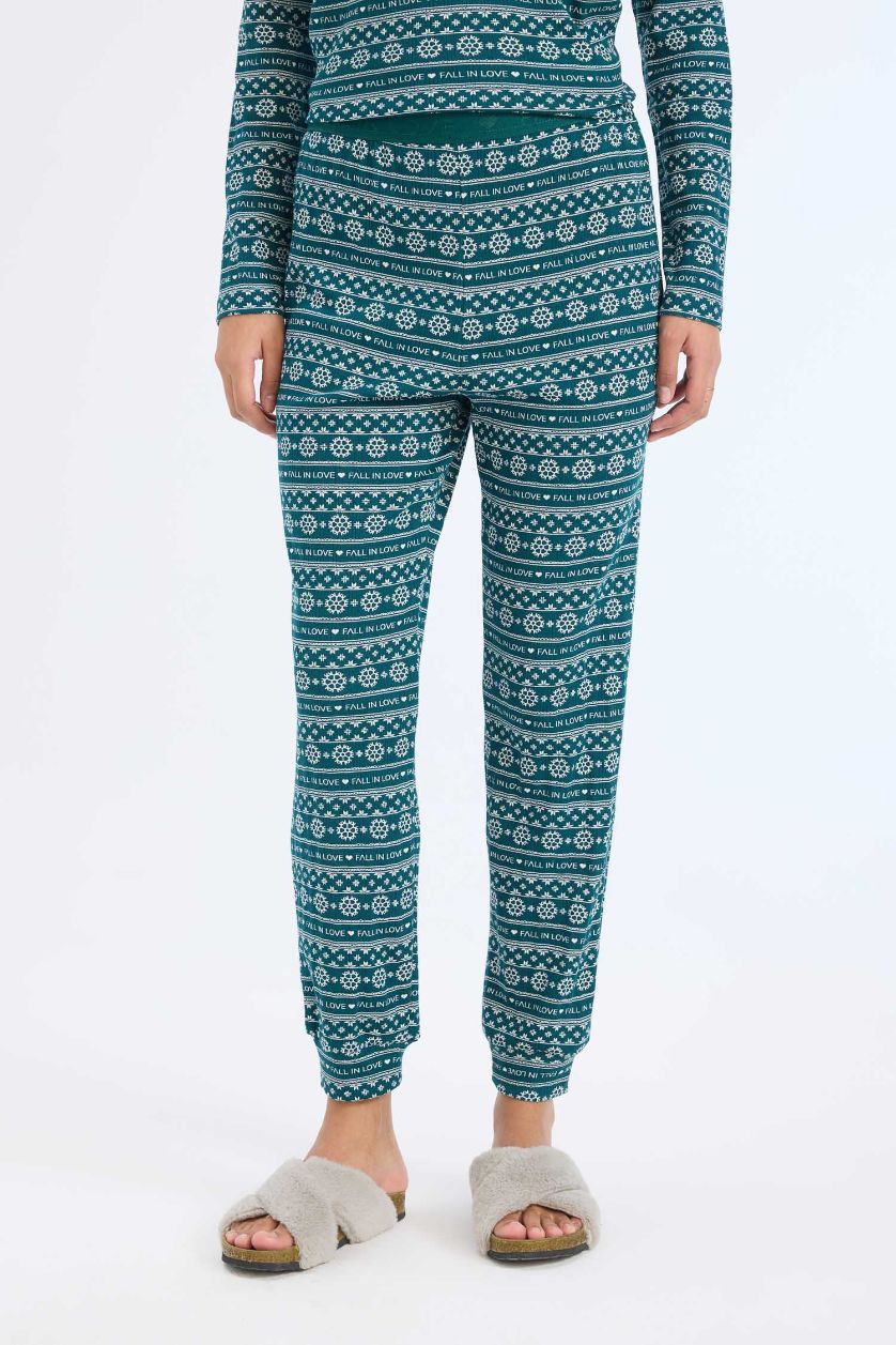 Kadın Koyu Yeşil Pijama Takımı Waffle Kumaş Uzun Kollu Üst Beli Lastikli Uzun Alt-Fall in Love 