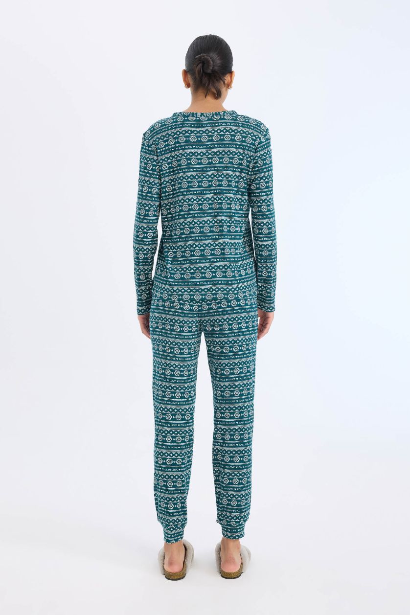 Kadın Koyu Yeşil Pijama Takımı Waffle Kumaş Uzun Kollu Üst Beli Lastikli Uzun Alt-Fall in Love 