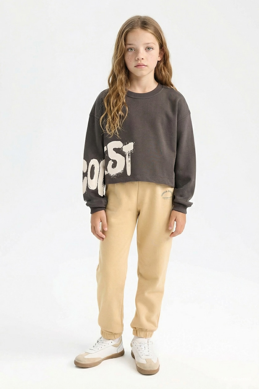 GIRLS & TEENS Beige Girl Standard Fit Elastic Waist Printed Jogger Sweatpants