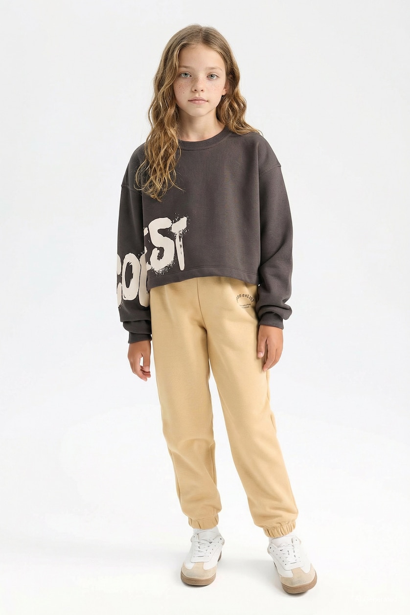 GIRLS & TEENS Beige Girl Standard Fit Elastic Waist Printed Jogger Sweatpants