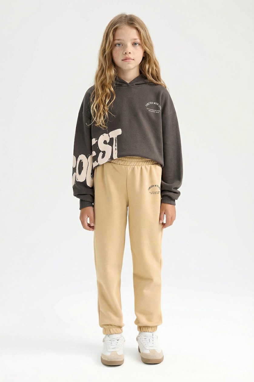 GIRLS & TEENS Beige Girl Standard Fit Elastic Waist Printed Jogger Sweatpants