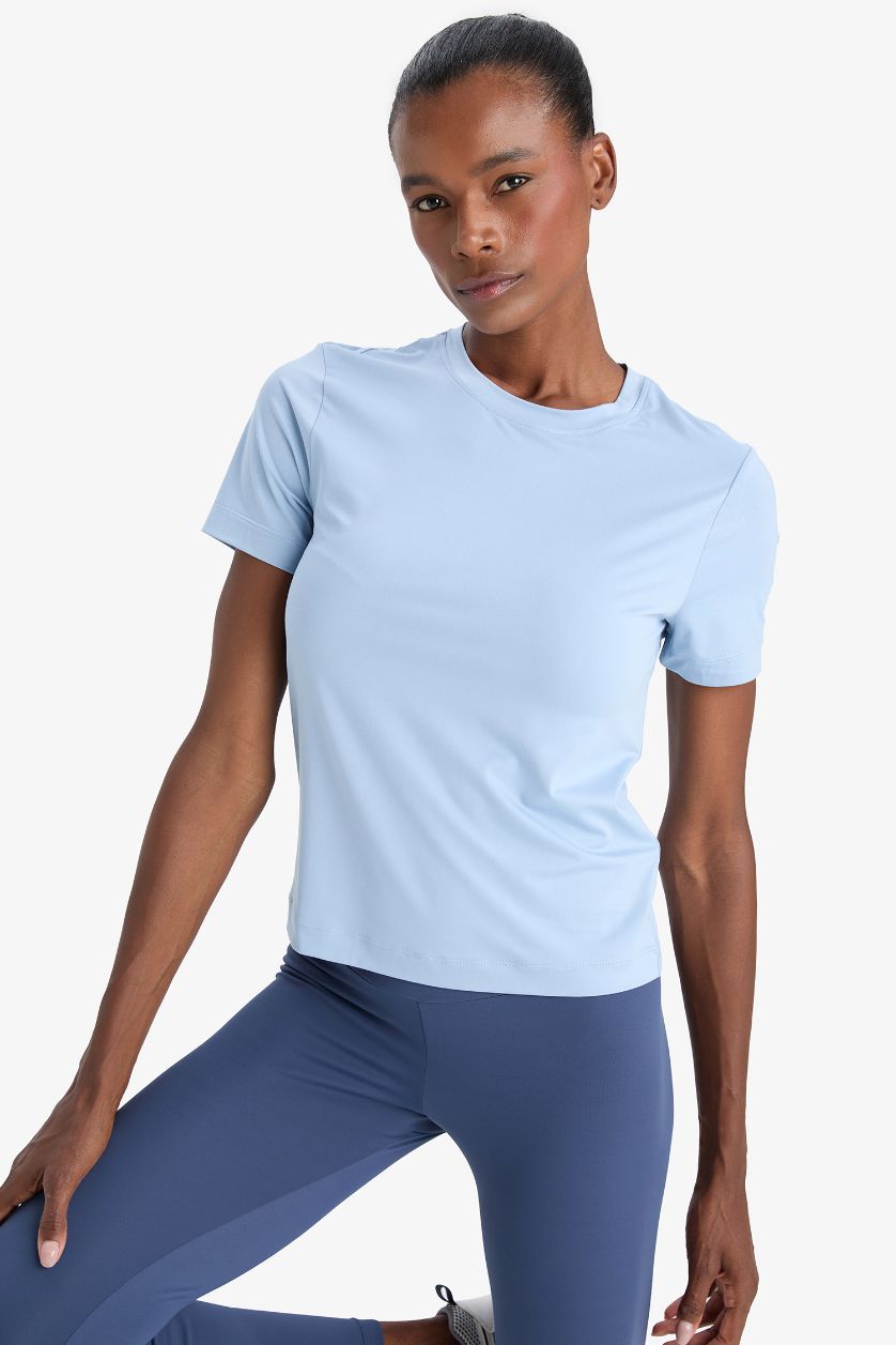 Woman Light Blue DeFactoFit Standard Fit Crew Neck Basic Sports T-Shirt