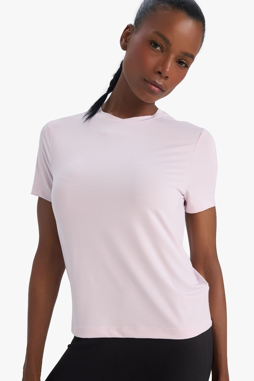 Kadın Açık Gülkurusu Standart Fit Bisiklet Yaka Basic Düz Sporcu Kısa Kollu Tişört