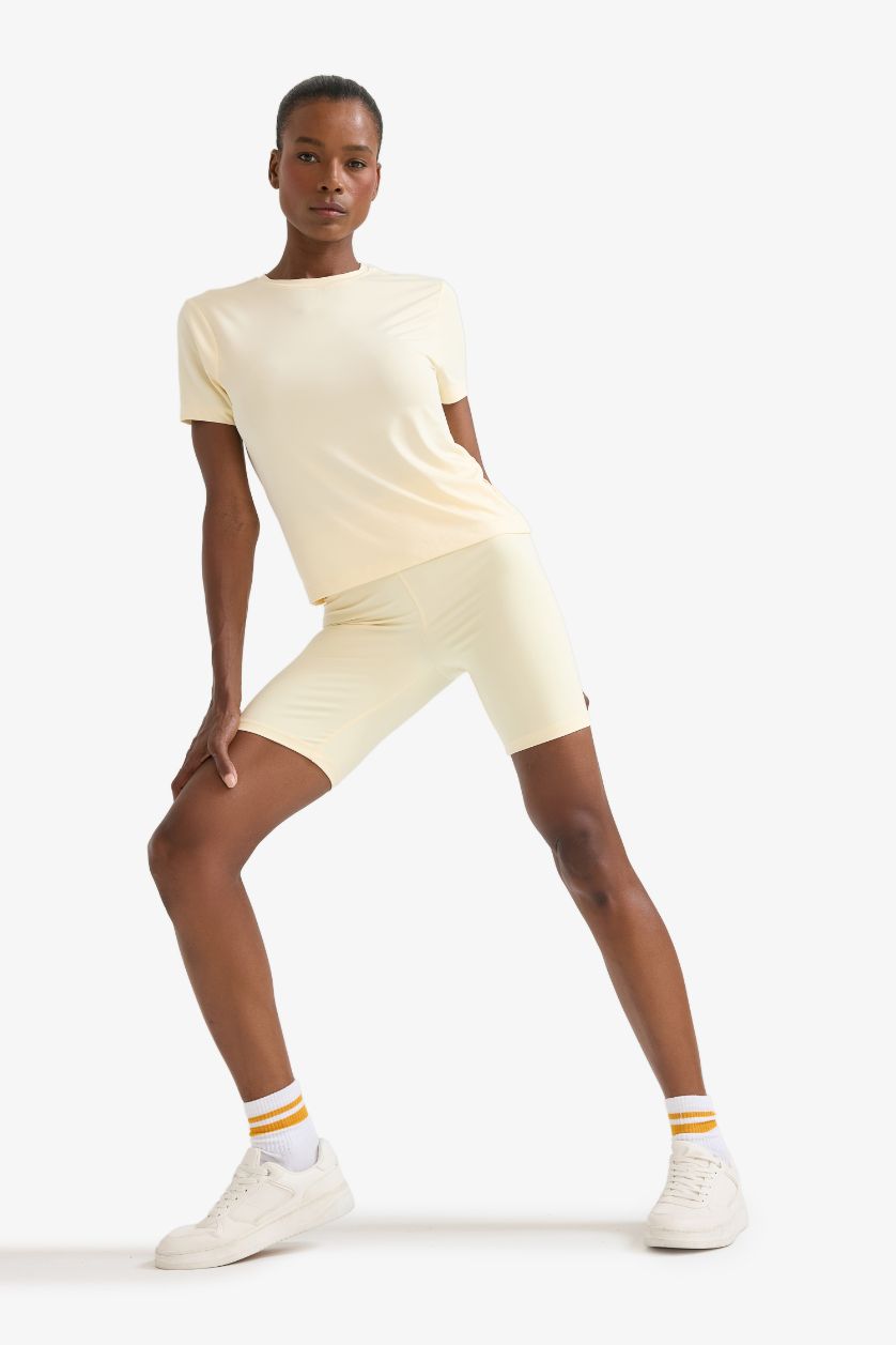 Женщины Светло-желтый DeFactoFit стандартная футболка с круглым вырезом и коротким рукавом для спортсменов