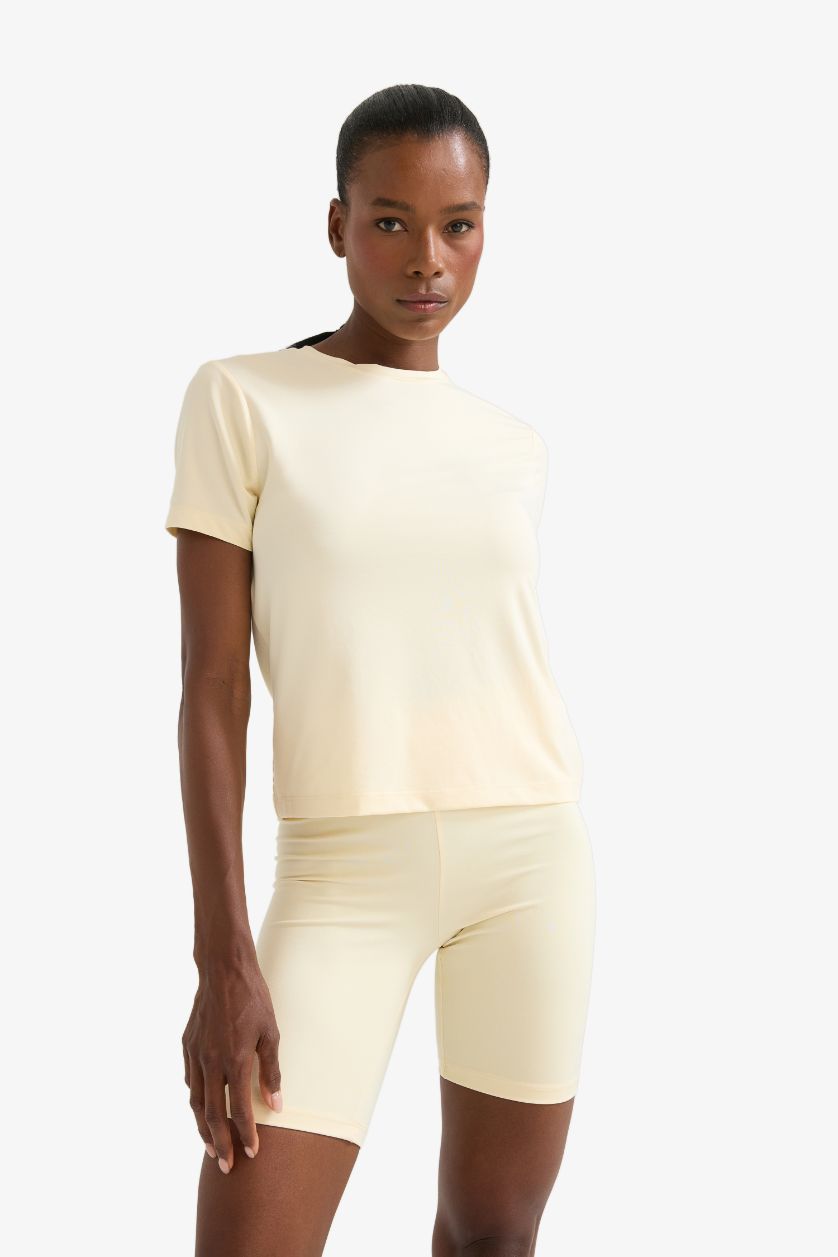 Женщины Светло-желтый DeFactoFit стандартная футболка с круглым вырезом и коротким рукавом для спортсменов