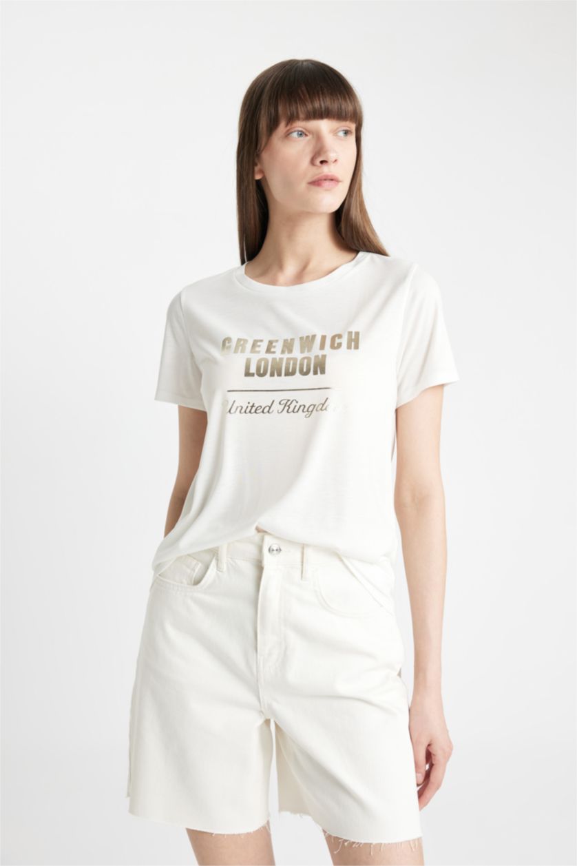 Woman Ecru Regular Fit Crew Neck Printed Short Sleeve T-Shirt