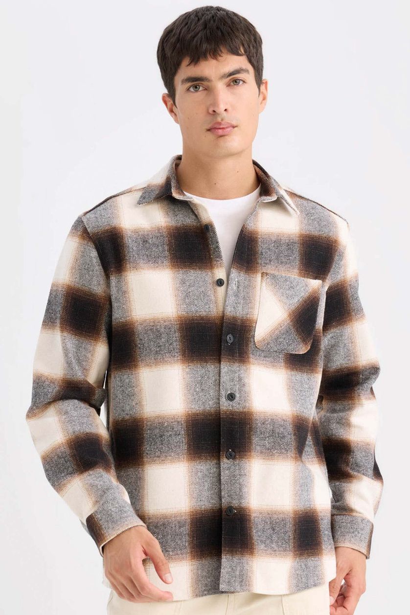 HOMME Marron Clair Chemise à manches longues en flanelle à carreaux à Col Polo Coupe régulière