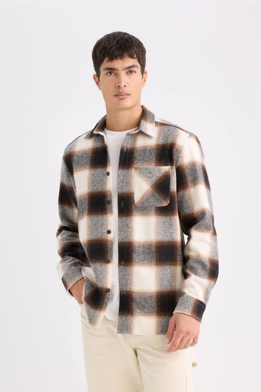 HOMME Marron Clair Chemise à manches longues en flanelle à carreaux à Col Polo Coupe régulière