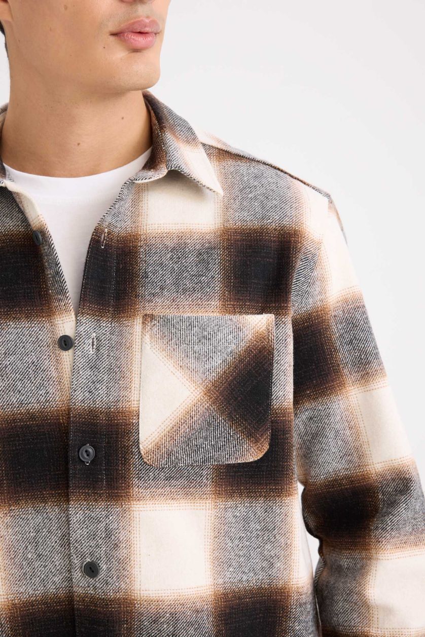 HOMME Marron Clair Chemise à manches longues en flanelle à carreaux à Col Polo Coupe régulière