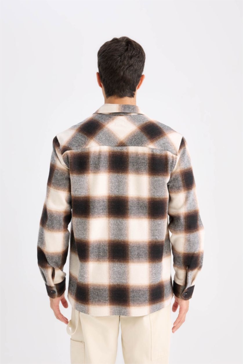 HOMME Marron Clair Chemise à manches longues en flanelle à carreaux à Col Polo Coupe régulière