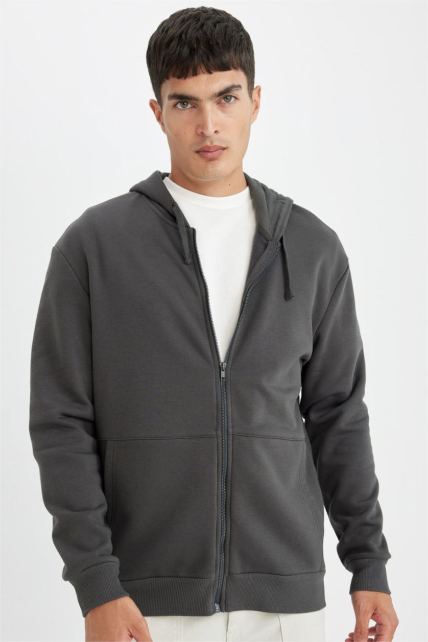 MAN Anthracite Comfort Fit Hooded Soft Furry Thick Zippered Sweatshirt