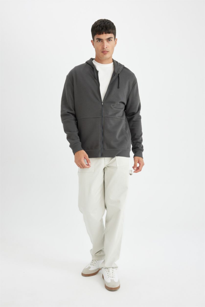 MAN Anthracite Comfort Fit Hooded Soft Furry Thick Zippered Sweatshirt