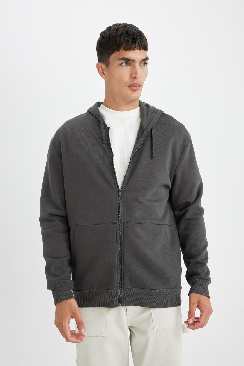 MAN Anthracite Comfort Fit Hooded Soft Furry Thick Zippered Sweatshirt