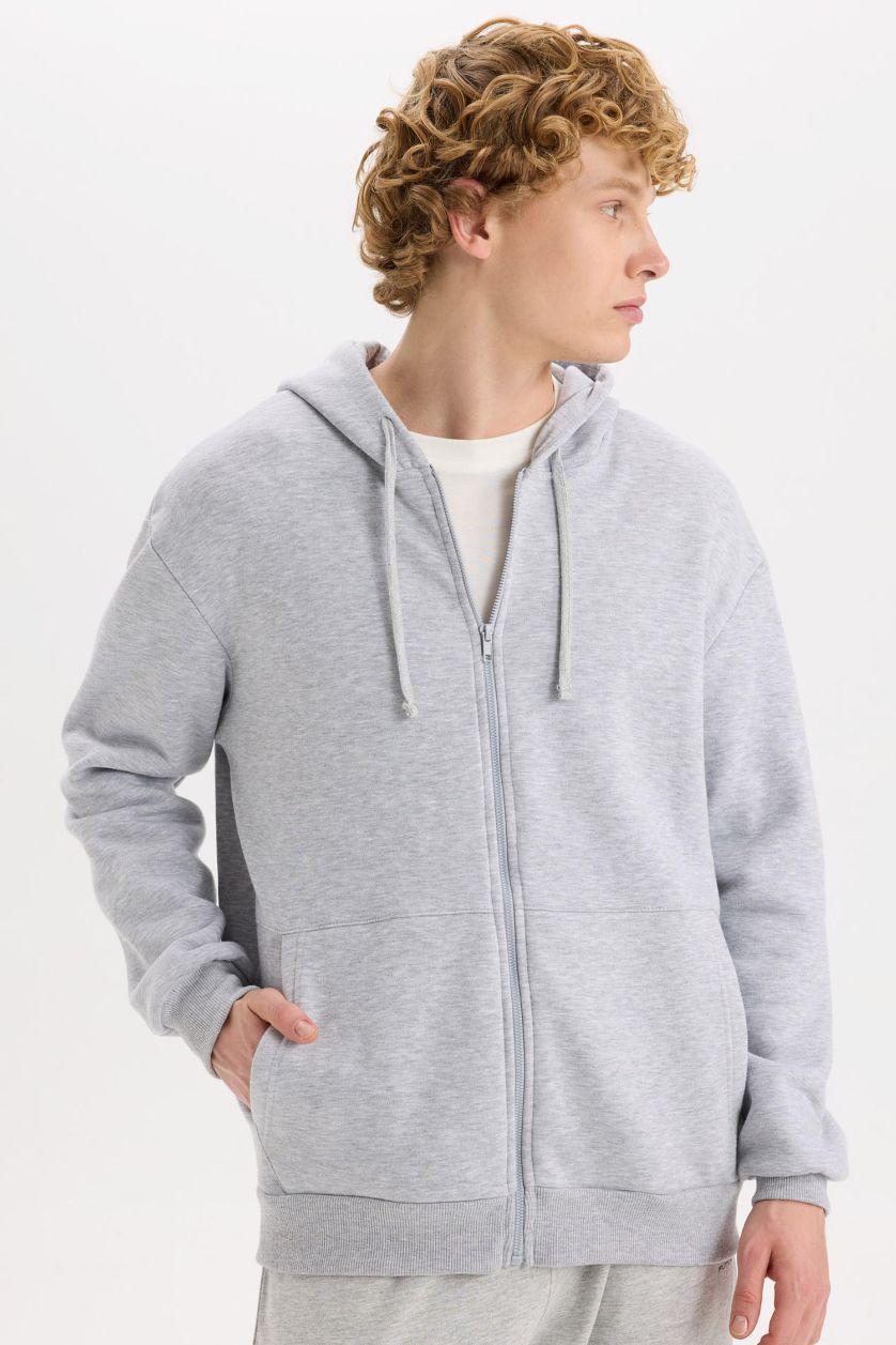 Erkek Gri Melanj Comfort Fit Rahat Kalıp Kapüşonlu Kalın İçi Yumuşak Tüylü Fermuarlı Sweatshirt