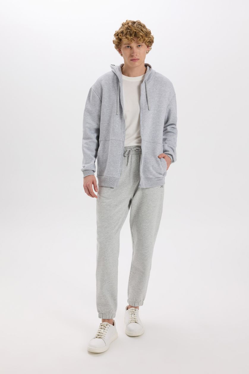 Erkek Gri Melanj Comfort Fit Rahat Kalıp Kapüşonlu Kalın İçi Yumuşak Tüylü Fermuarlı Sweatshirt