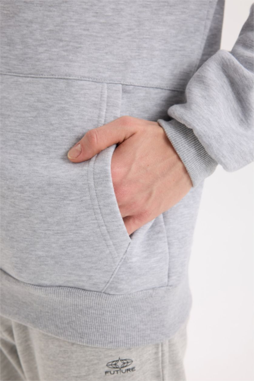 Erkek Gri Melanj Comfort Fit Rahat Kalıp Kapüşonlu Kalın İçi Yumuşak Tüylü Fermuarlı Sweatshirt