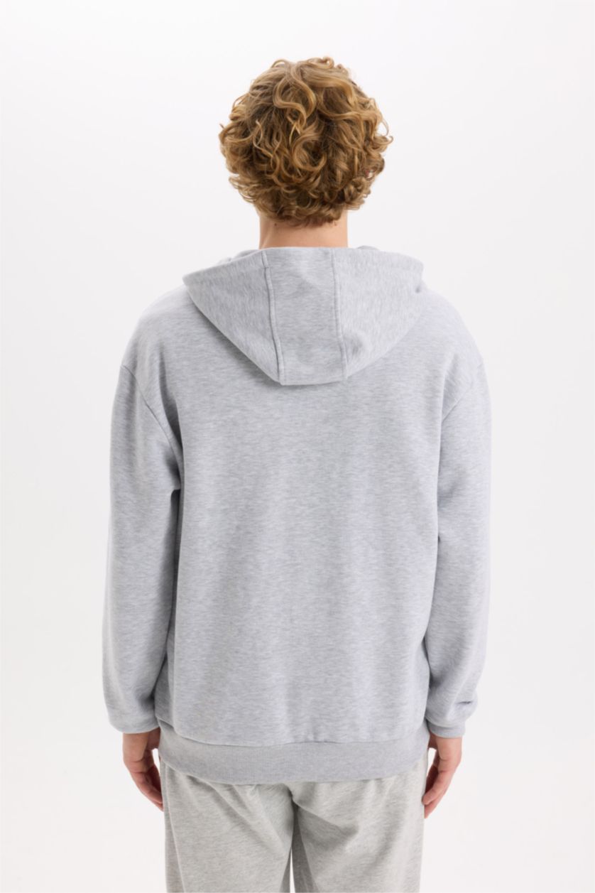 Erkek Gri Melanj Comfort Fit Rahat Kalıp Kapüşonlu Kalın İçi Yumuşak Tüylü Fermuarlı Sweatshirt