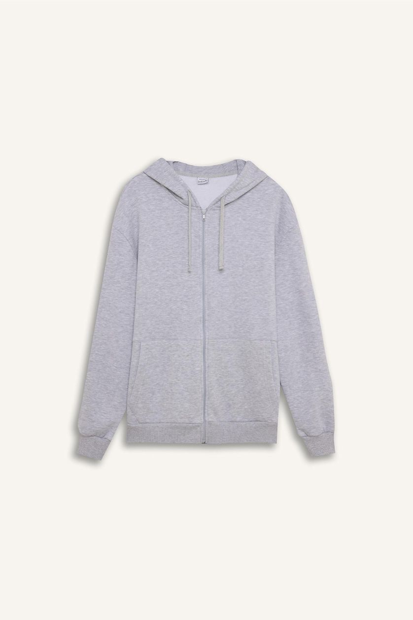 Erkek Gri Melanj Comfort Fit Rahat Kalıp Kapüşonlu Kalın İçi Yumuşak Tüylü Fermuarlı Sweatshirt