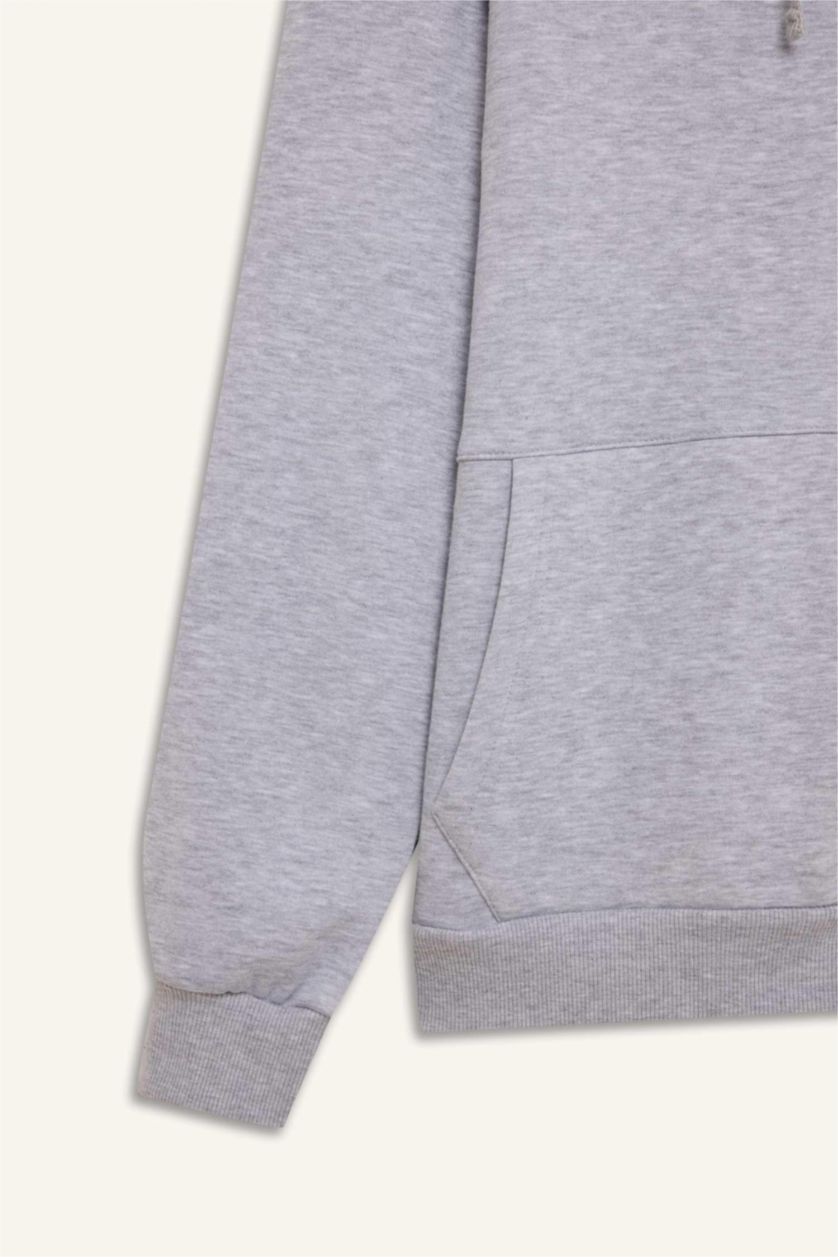 Erkek Gri Melanj Comfort Fit Rahat Kalıp Kapüşonlu Kalın İçi Yumuşak Tüylü Fermuarlı Sweatshirt
