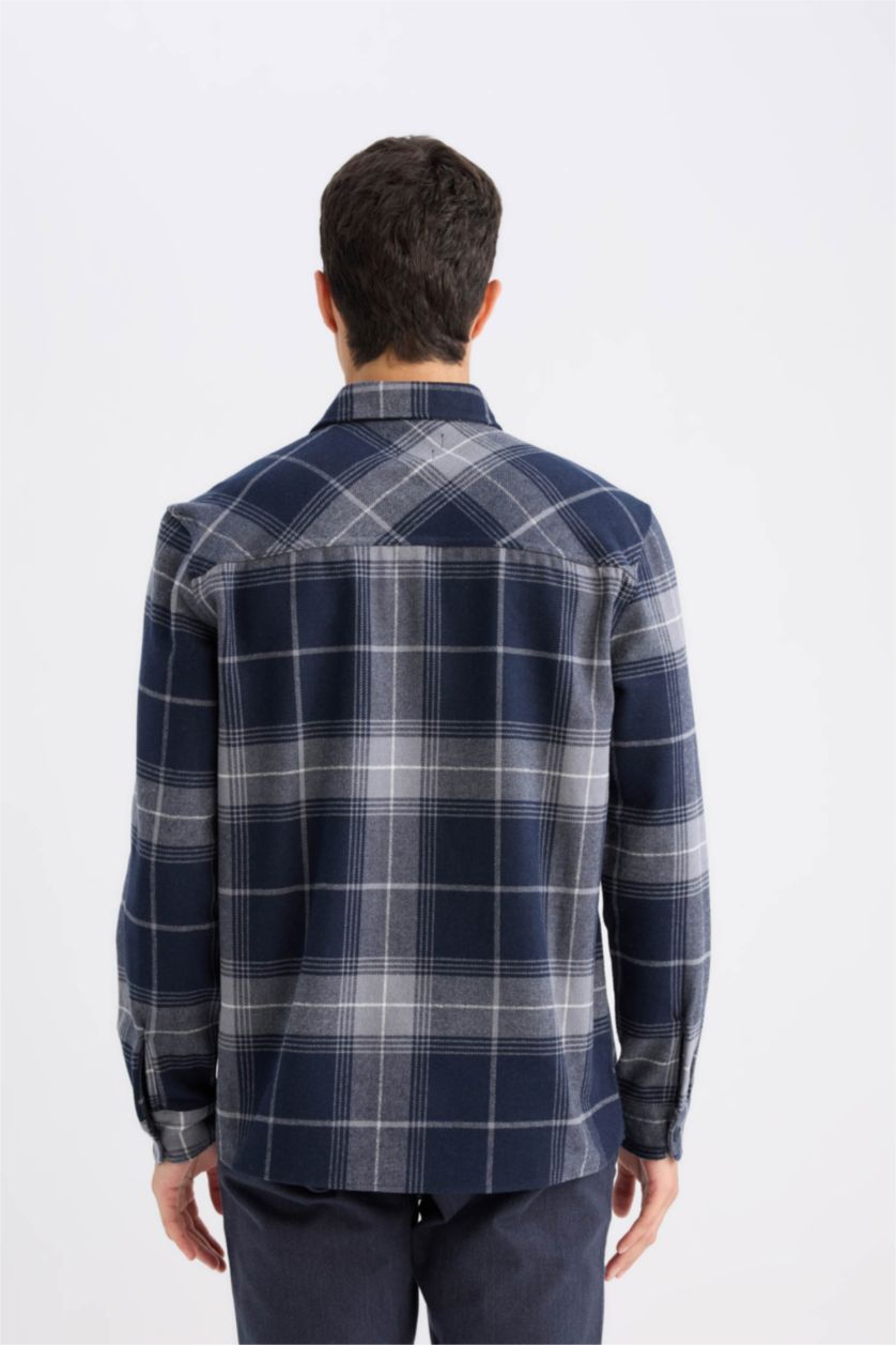 Man NAVY Regular Fit Polo Collar Plaid Flanel Long Sleeve Shirt