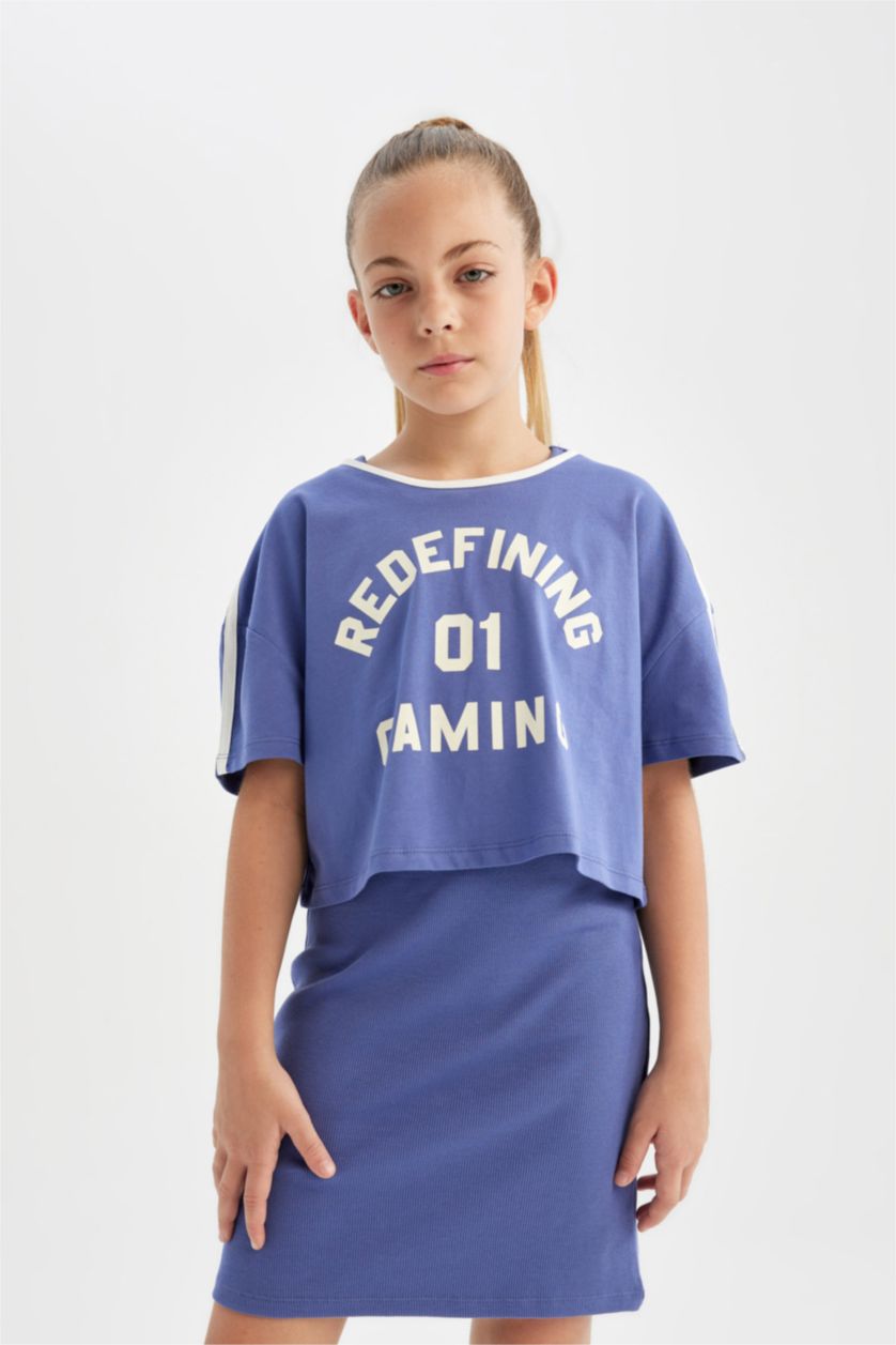 GIRLS & TEENS Dark Blue Girl Printed Short Sleeve Ribbed Camisole Dress