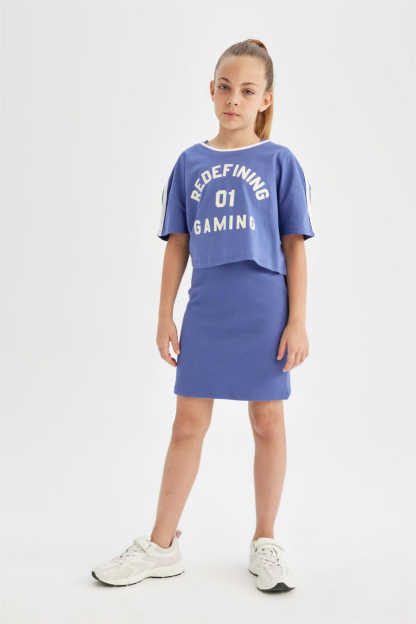 GIRLS & TEENS Dark Blue Girl Printed Short Sleeve Ribbed Camisole Dress