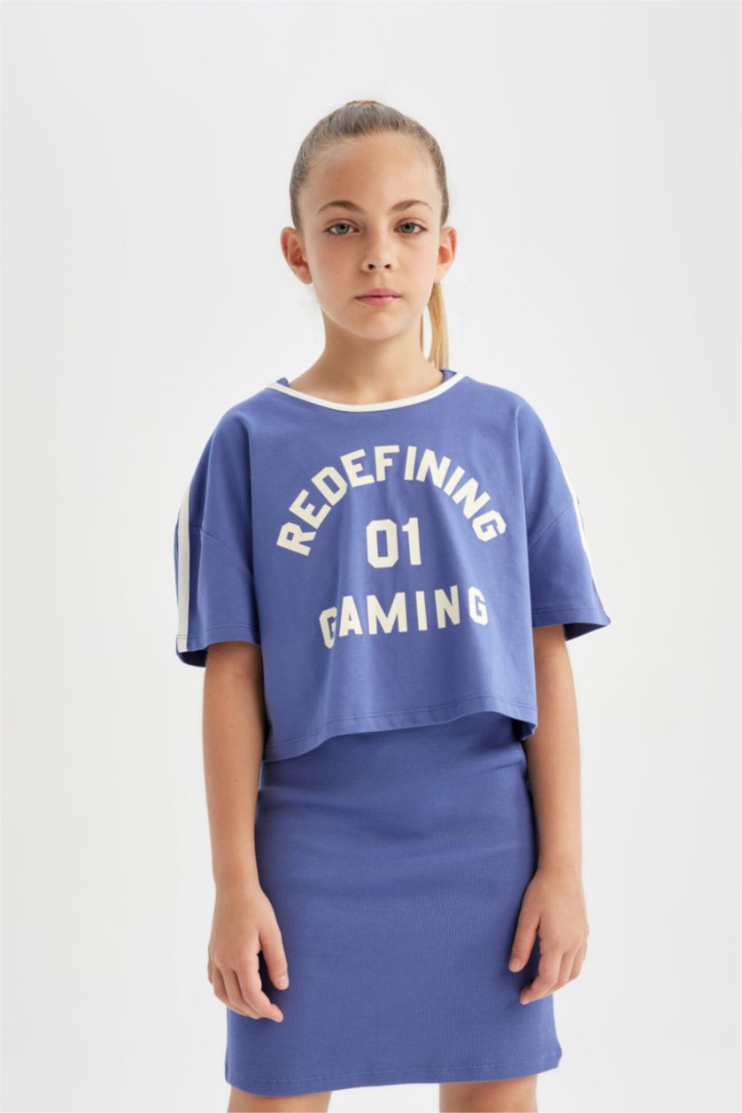 GIRLS & TEENS Dark Blue Girl Printed Short Sleeve Ribbed Camisole Dress