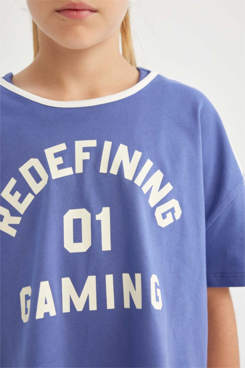 GIRLS & TEENS Dark Blue Girl Printed Short Sleeve Ribbed Camisole Dress