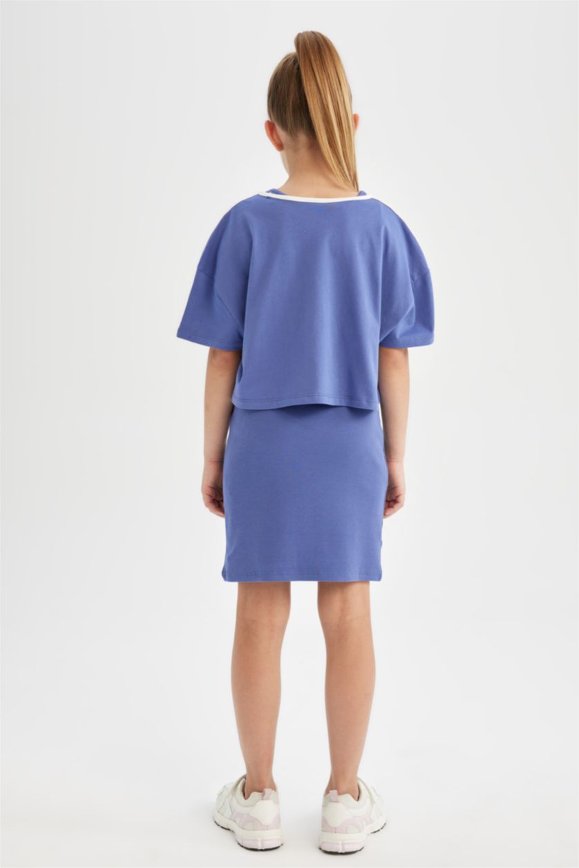 GIRLS & TEENS Dark Blue Girl Printed Short Sleeve Ribbed Camisole Dress