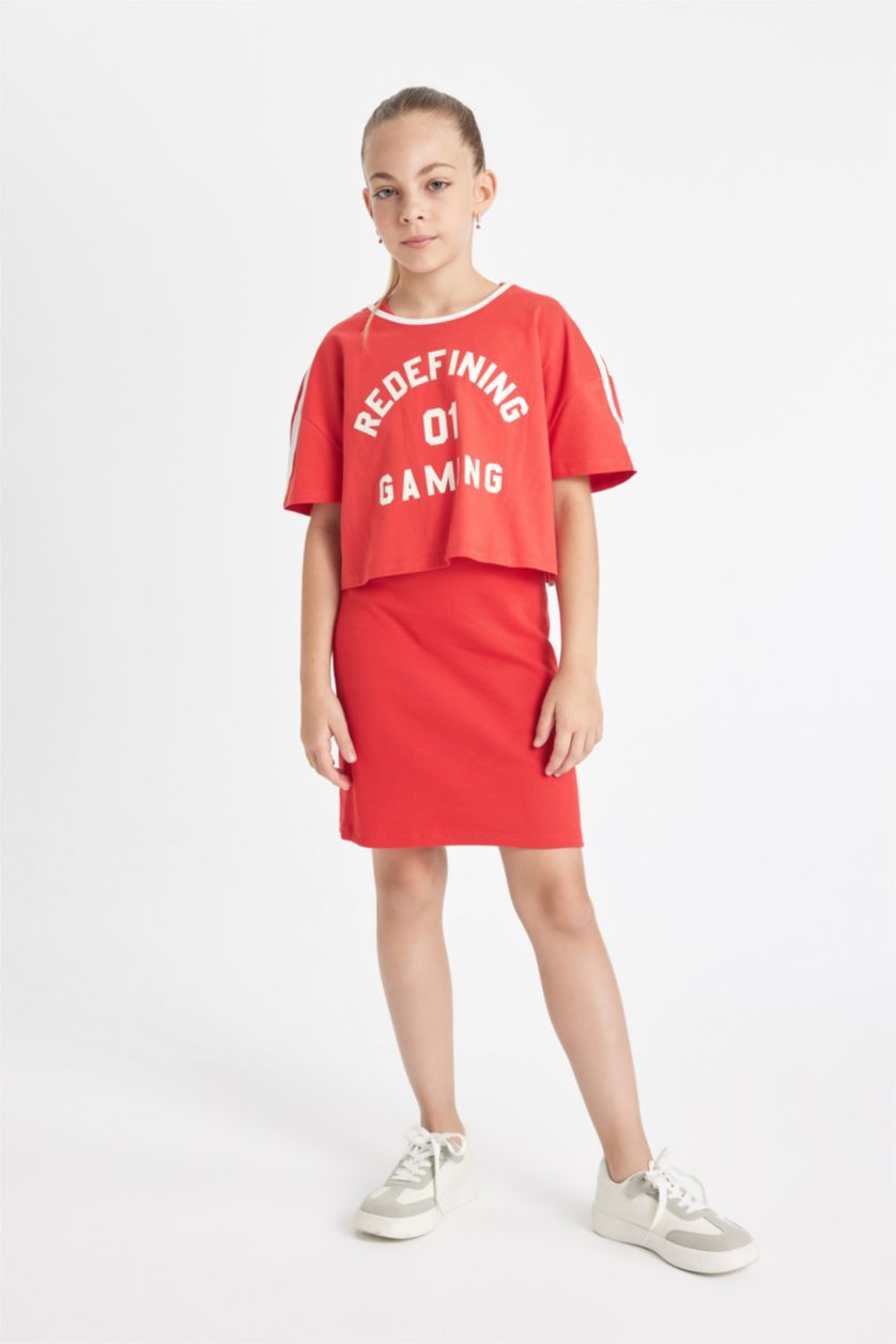 GIRLS & TEENS Red Girl Ribbed Camisole Dress Printed T-Shirt 2 Piece Set