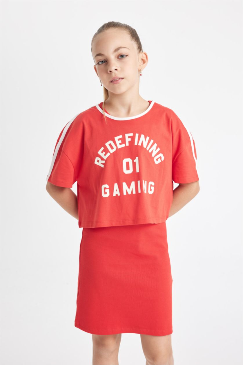 GIRLS & TEENS Red Girl Ribbed Camisole Dress Printed T-Shirt 2 Piece Set