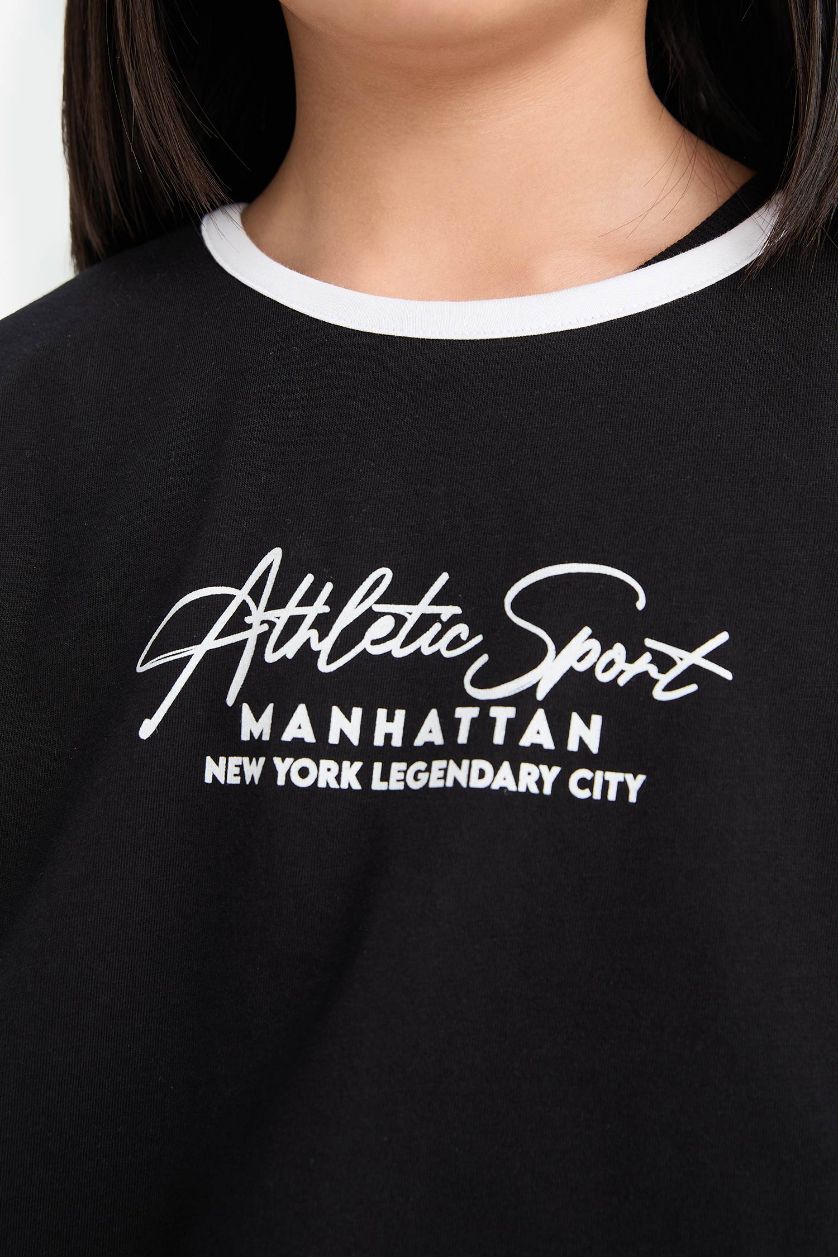 Девочки и подростки Черный Девочка Круглый Ворот Рубчатый Принтованная Короткий Рукав Платье