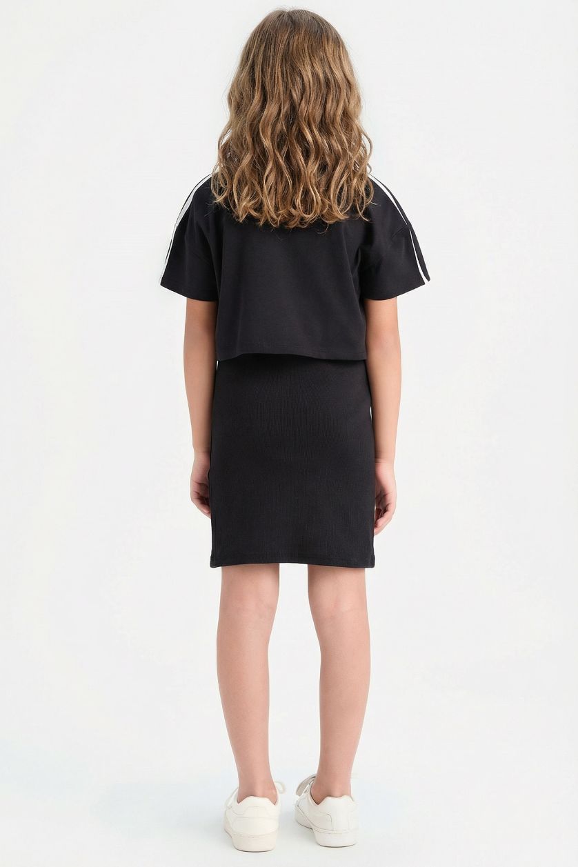 Девочки и подростки Черный Девочка Круглый Ворот Рубчатый Принтованная Короткий Рукав Платье