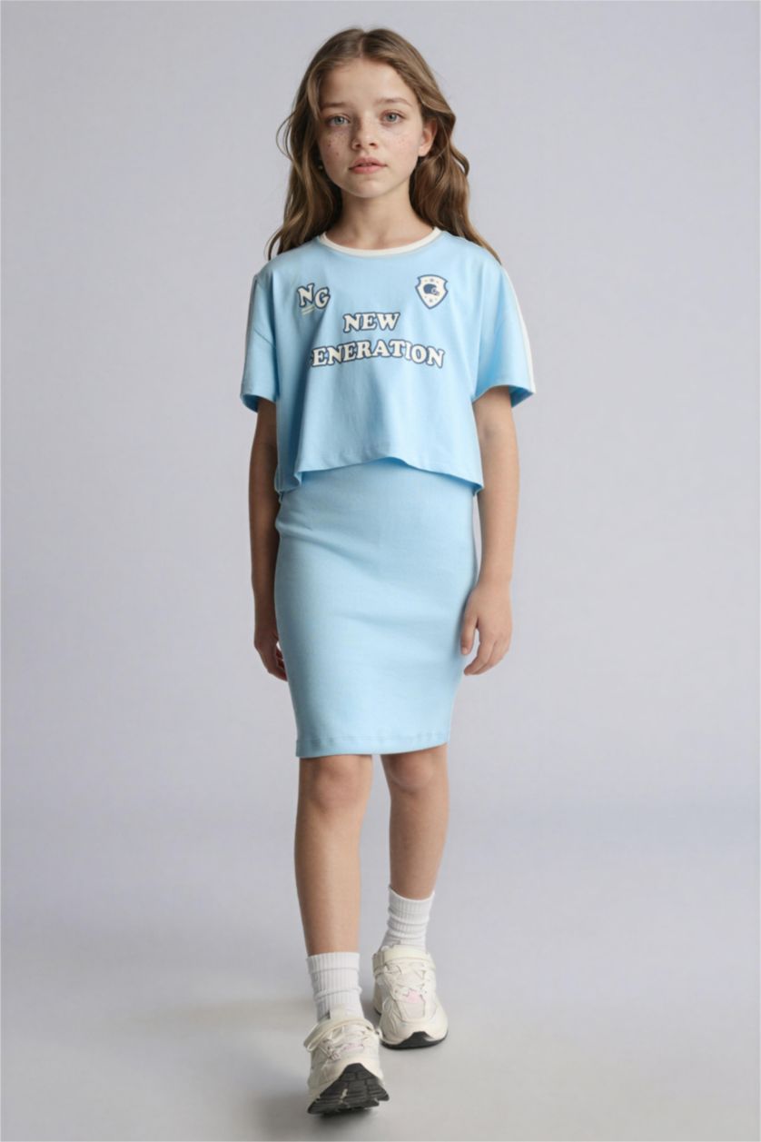 بناتي أزرق فستان بناتي مضلع - قطعتين