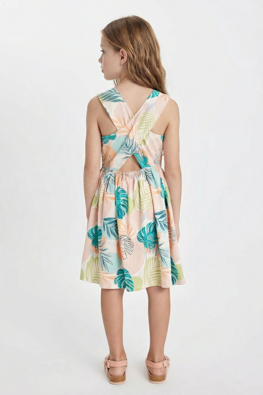 بنات أكوا فستان بناتي منقوش بدون كم