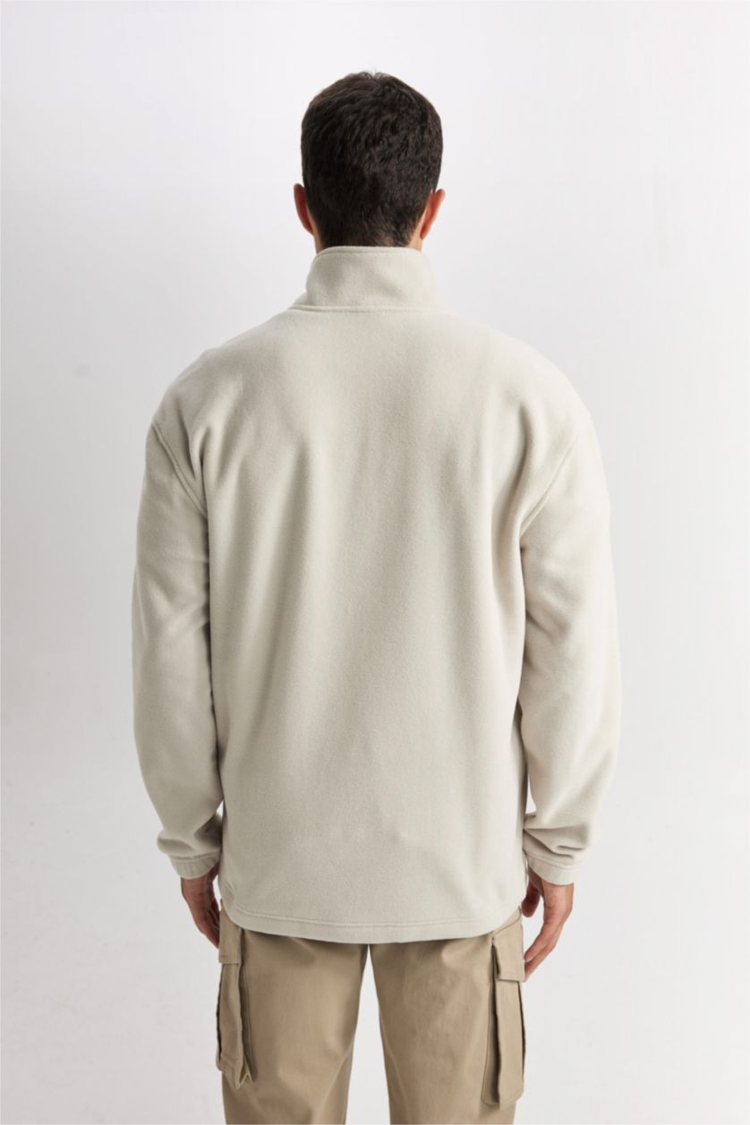 Erkek Bej Relax Fit Dik Yaka Fermuarlı Polar Sweatshirt