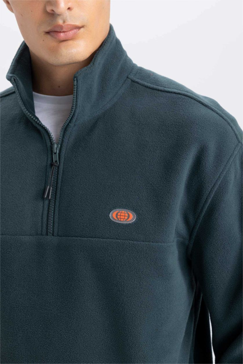 Erkek Koyu Yeşil Relax Fit Dik Yaka Fermuarlı Polar Sweatshirt