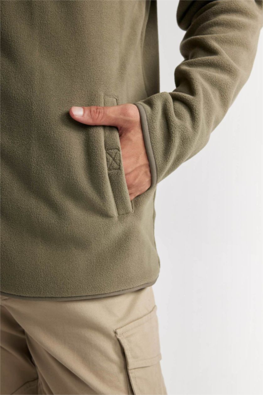 Erkek Haki Relax Fit Dik Yaka Polar Fermuarlı Sweatshirt	