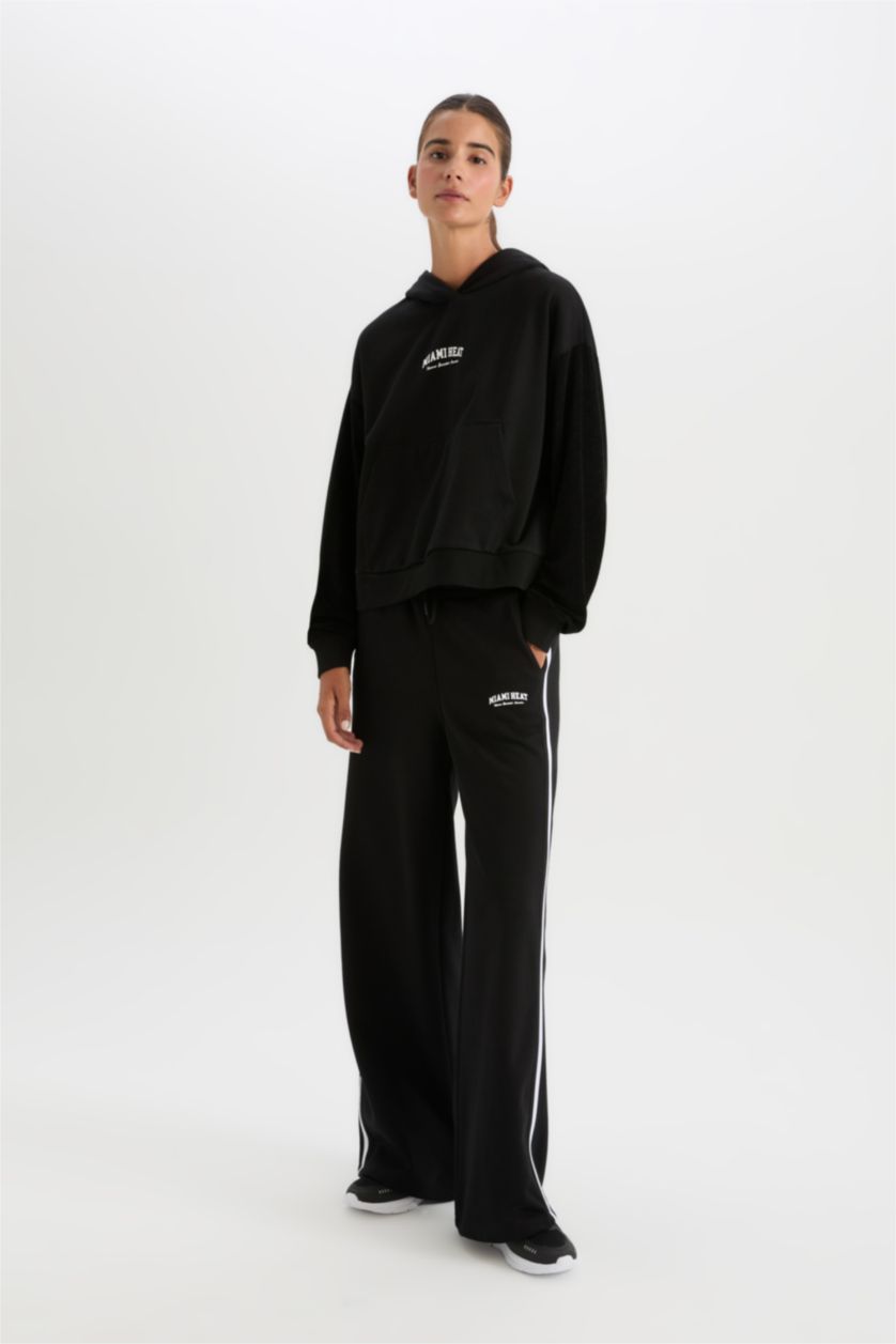 Kadın Siyah Kalın Eşofman Altı Wide Leg Geniş Paça NBA Miami Heat Cepli Standart Boy 